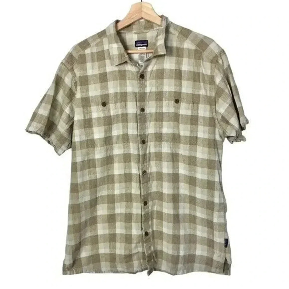 Patagonia Beige & Brown Migration Plaid Short Sleeve Button Down L - Picture 1 of 4